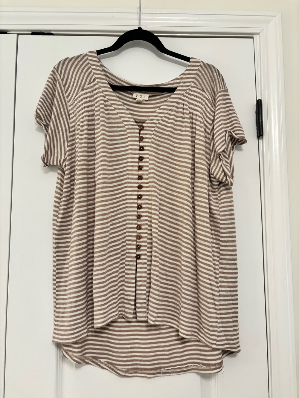 POL Striped Short-Sleeve Button-Front Tee in Beige and White